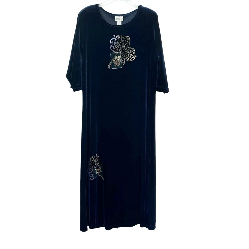 BREEZY MODE New Blue Velvet Long Maxi DRESS Vintage Medium Leaf Artsy NWT Tunic
